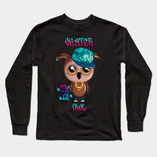 Skater Owl with Skateboard and Cap Long Sleeve T-Shirt